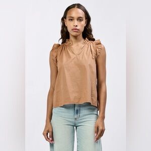 Dear John Puja Brown Cotton Ruffle Sleeve Blouse in Biscuit | Size Small